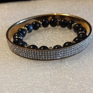 Glamorous Silver Pave Bracelet with Black Beads with white swirls. Beautiful set